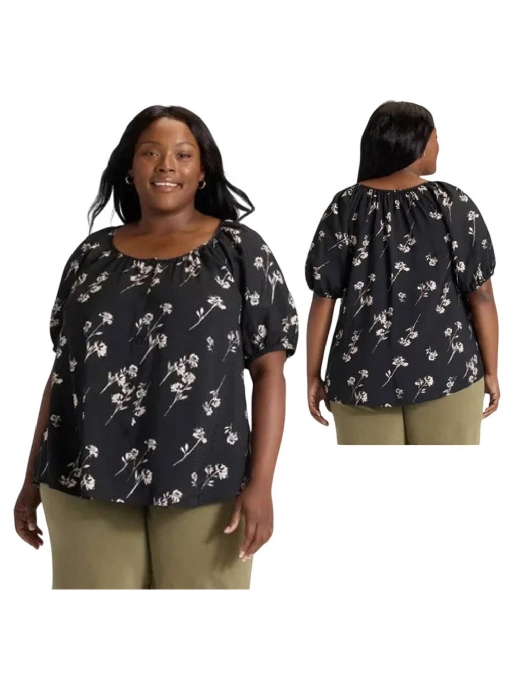 Ava & Viv Black Floral Puff-Sleeve Peasant Top
Size XXL